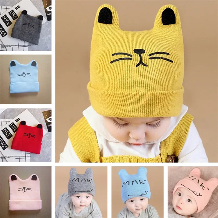 Dessin animé chat oreille enfant en bas âge chapeaux hiver lait bébé casquettes chaud tricoté nouveau-né chapeaux infantile bonnets IC819