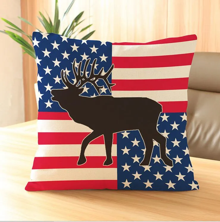 친환경 미국 플래그 별과 줄무늬 사슴 신고 인쇄 폴리 에스테르 리넨 인쇄 베개 베개 커버 45 * 45CM 6 색