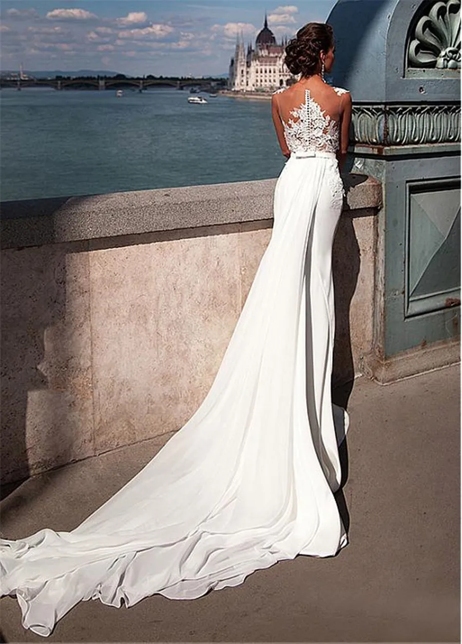 Chic See Through Jewel Neckline Mermaid Wedding Dresses With Lace Appliques Illusion Wedding Gowns vestido de novia