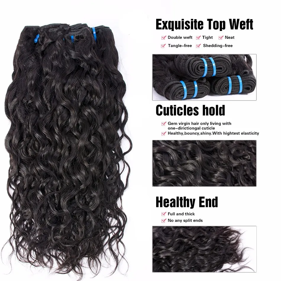 Water Wave Human Hair Bundles With Lace Closure High Quality Peruvian Virgin Hair Weft With 4*4 Top Closure Wet And Wavy Hair