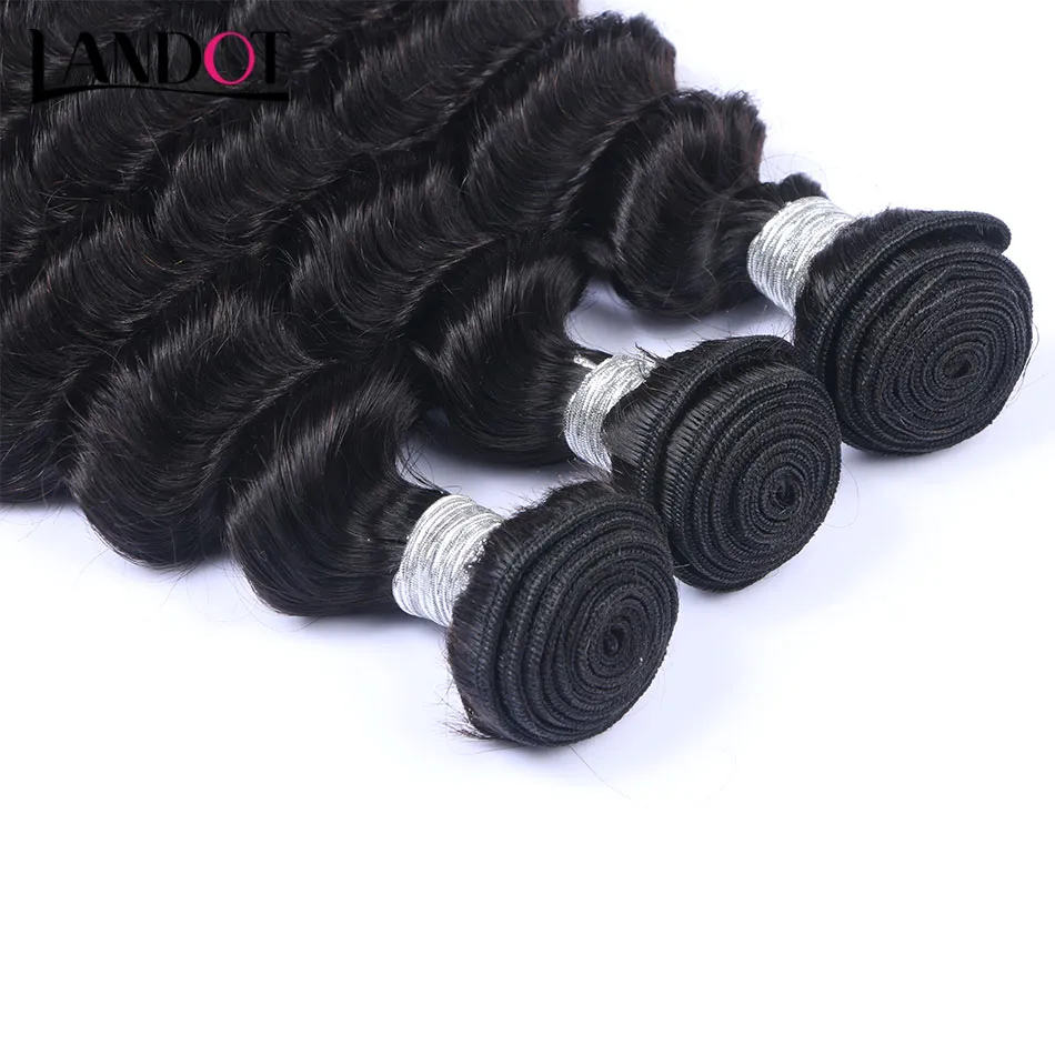 Peruanska malaysiska brasilianska Virgin Hair Weaves 3 buntar med topp spetsavslutning Deep Wave Curly 8a Indian Cambodian Remy Mänskliga hårförslutningar