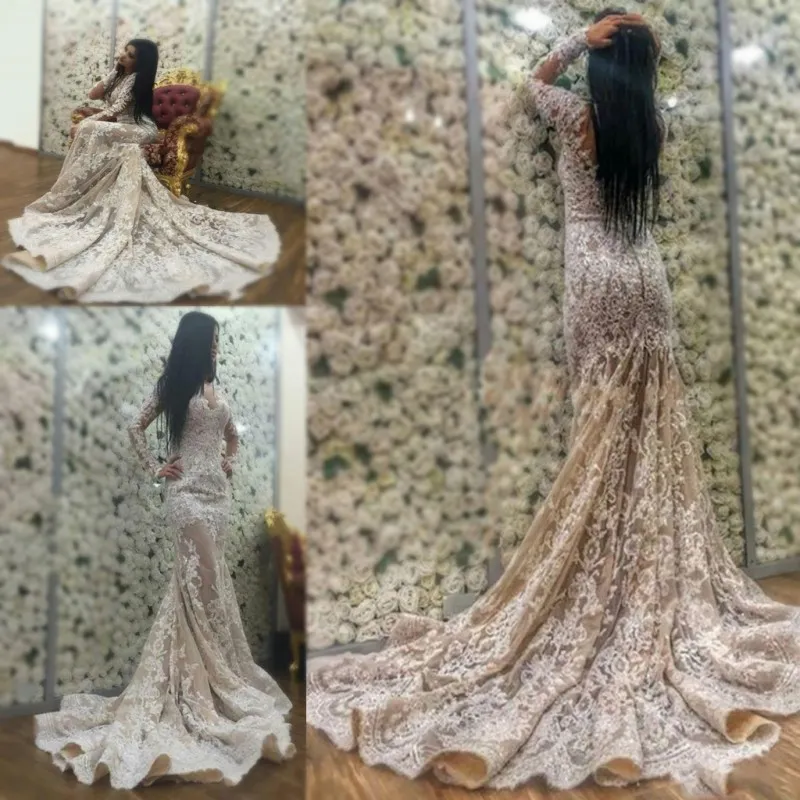 Abiti da sposa in pizzo Dubai Sirena Vestido De Noiva Manica lunga Plus Size 2017 Sexy scollo a V profondo Vedere attraverso abiti da sposa