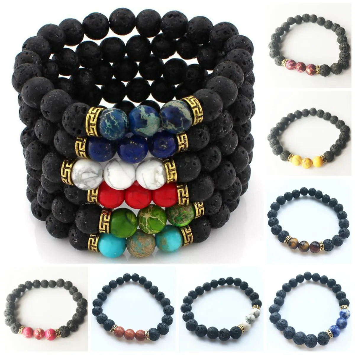 Lava Rock Steen Kralen Armband Charm Rock Natuursteen Turquoise Tijgeroog Kralen Armband Mode-sieraden Ambachten Mannen Chakra Armband