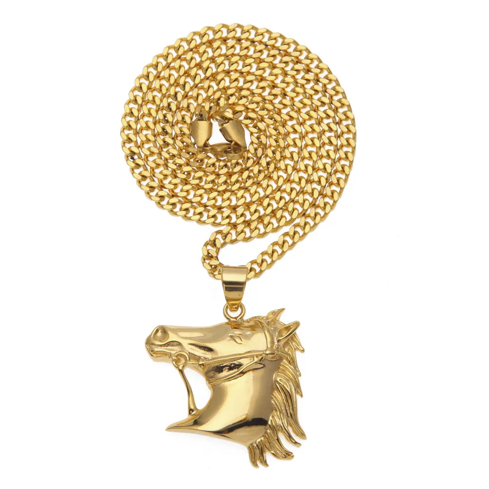 Heren Roestvrij stalen paardenkop Paar ketting Hoge kwaliteit Goud vergulde Hiphop Dier Zombie Horse Charm Pendanten Sieraden 5mm CU9414833