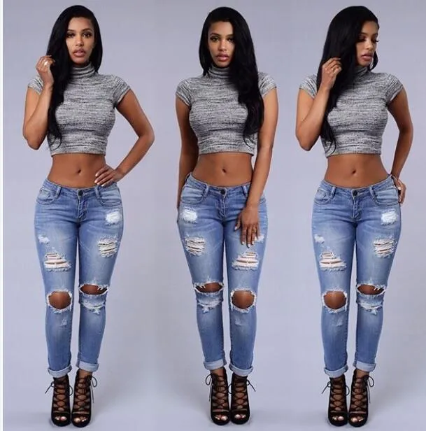 Wholesale- Boyfriend Hole Ripped Jeans Women Pants Cool Denim Vintage Straight for Girl High Waist Casual Female Slim