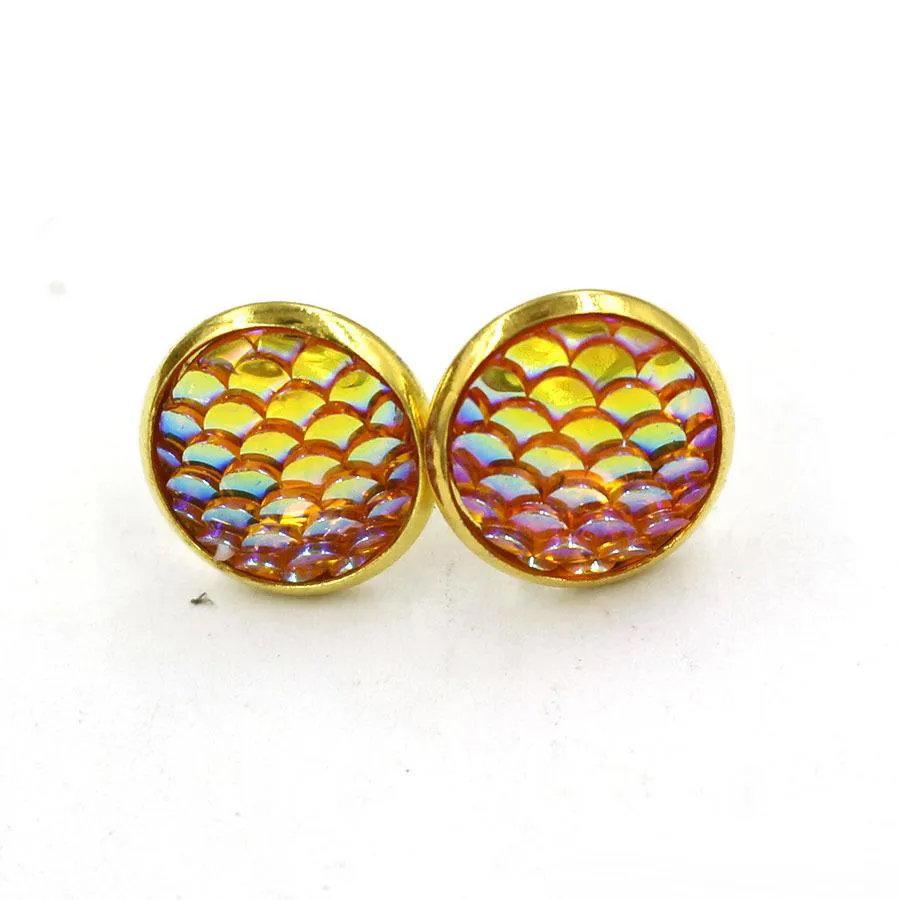 Moda Drusy Druzy Kolczyki Pozłacane 12mm Round Żywica Mermaid Fish / Dragon Scale Stud Kolczyki dla kobiet Lady Biżuteria