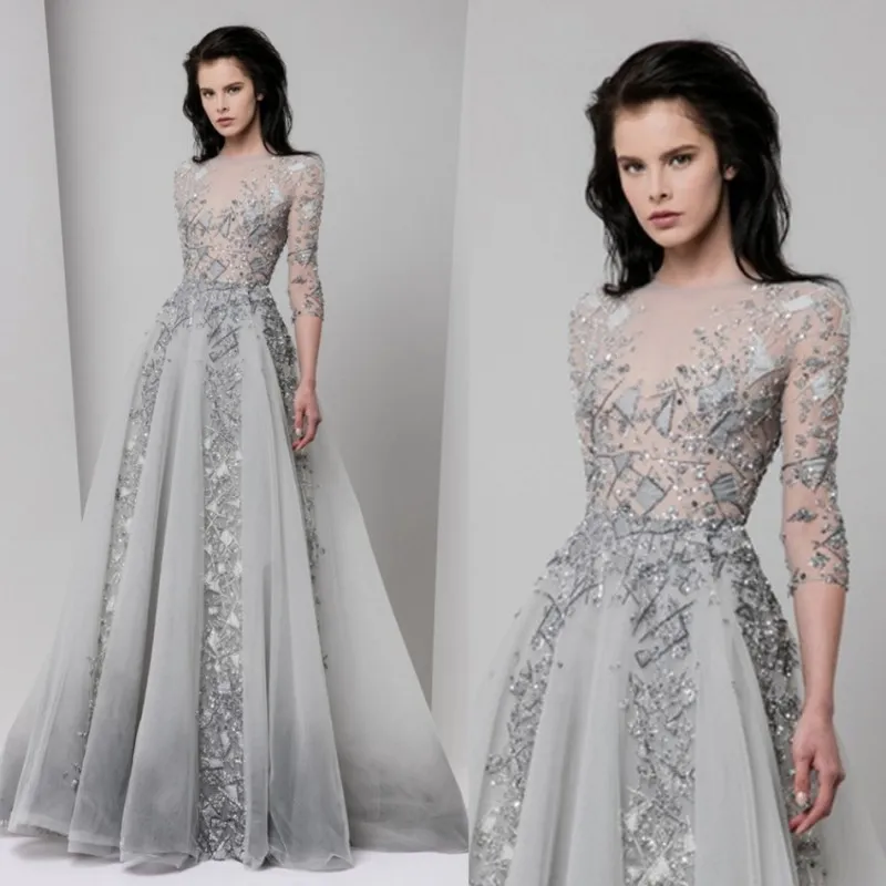 Tony Ward 2019 Silver Long Prom Dresses Luxury Beads Appliqued Jewel Neckline Evening Gowns Sequins Illusion Bodice Formal Party Dress