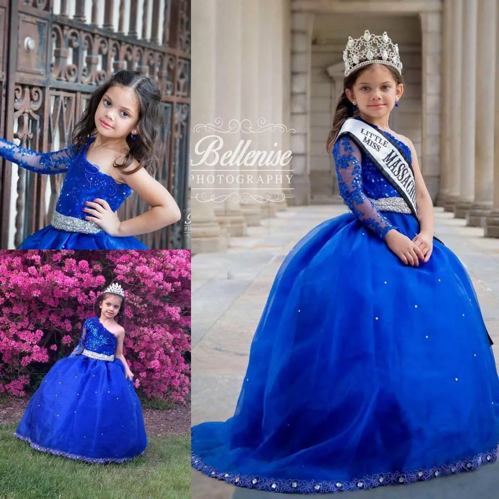 Um Ombro Miçangas Meninas Pageant Vestidos de Manga Longa Azul Royal vestido de Baile Crianças Desgaste Formal 2019 Lace Wedding Flower Girls Dress