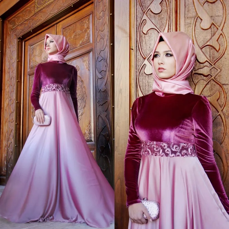 Muslim 2017 Fuchsia Velvet Long Sleeve Evening Dresses Long Cheap Chiffon Embroidery Formal Gowns Custom Made China EN110914