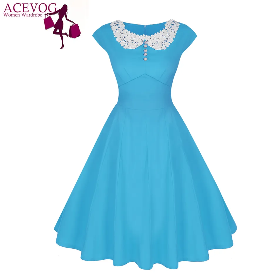 Atacado- acevog marca vintage mulheres vestido senhora verão laço patchwork rockabilly 1950 midi swing vestidos casuais venda quente vestidos preto