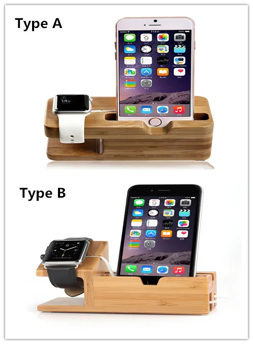 2 i 1 Bamboo Wood Desktop Laddningsdocka Stand för iPhone Telefon Stativhållare Laddare Station för Watch