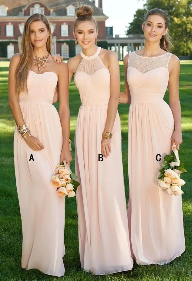 5 estilos misturados baratos longo chiffon país vestidos de dama de honra luz rosa estilo convertível júnior da dama de honra praia vestidos de festa de casamento