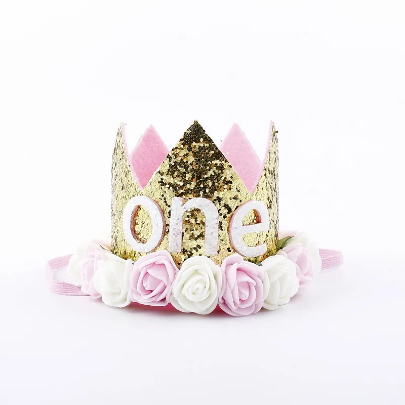 Tiara de festa de aniversário com coroa brilhante de flores rosa artificial e rosa cremosa Tiara para festa de aniversário HJ151