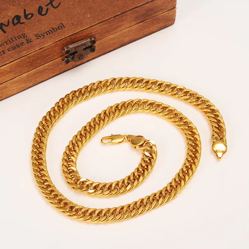 Män miami kubansk trottoarkedja riktig 24k fast guld gf hiphop 10mm tjockt halsband armband smycken set296p