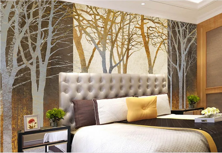 benutzerdefinierte Foto Luxus 3d wallpaper Schöne handgemalte goldene Wälder abstrakten Zweig Hintergrund 3d Tapeten für Wohnzimmer