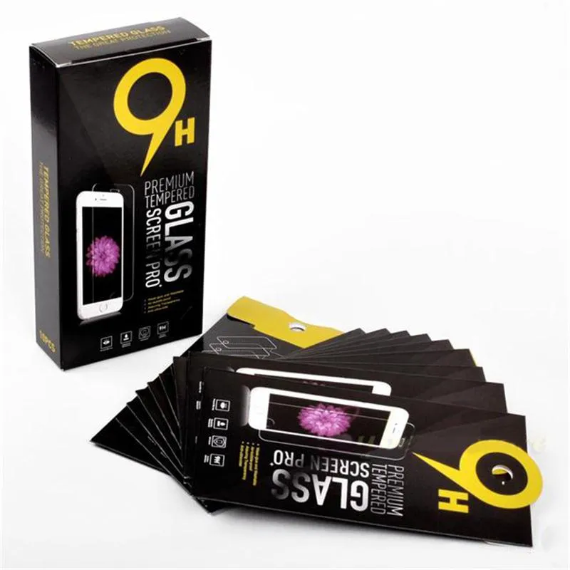 Tomt detaljhandel paket svart papper lådor 10st varje billig box förpackning för premium tempererat glas 9h skärmskydd Sony iPhone Samsung
