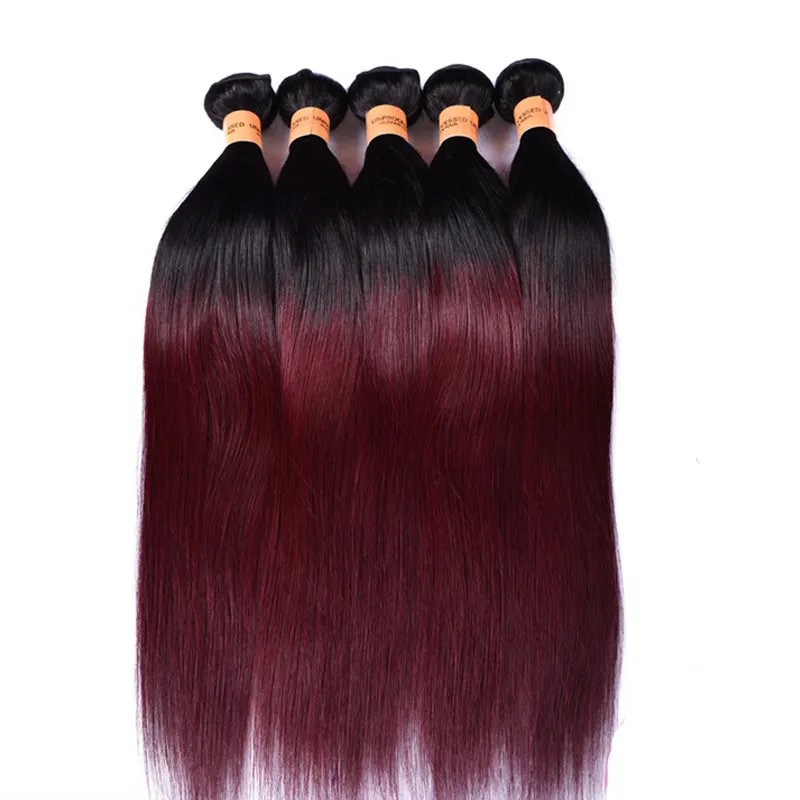 Passion Ombre Straight Hair Weaves 4 buntar Mörkröd 1B 99J Burgundy Brasiliansk Virgin Hair 100% Human Hair Weave Buntar