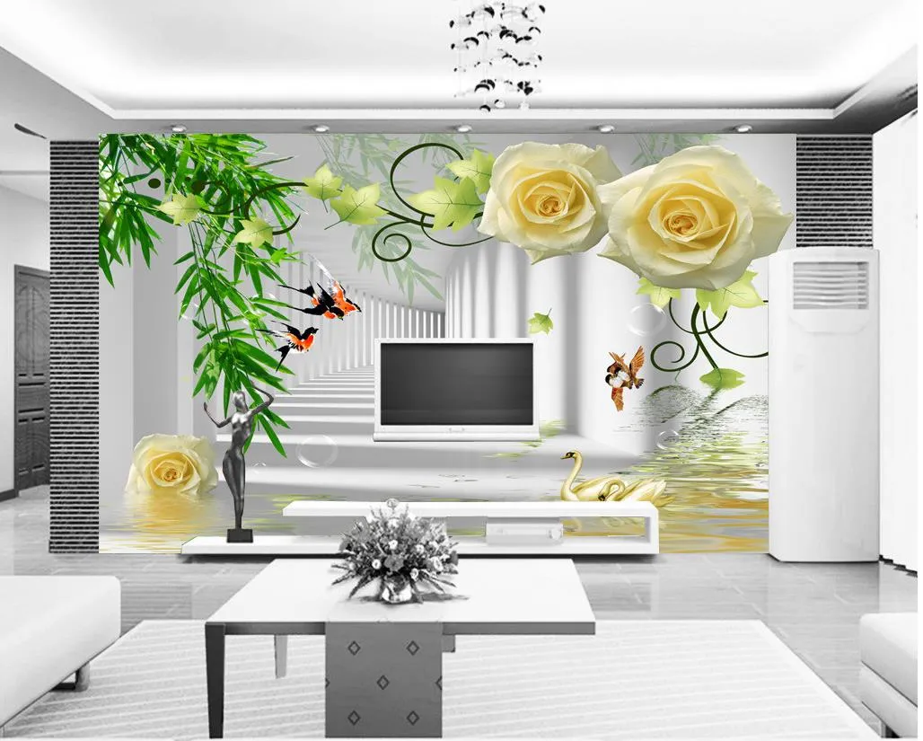 Custom elke maat Water Rose Bamboo Forest Flying Bird Fashion Woonkamer TV-muurschildering