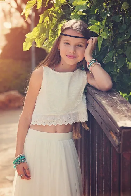 Boho Chic Flower Girl Sukienki 2017 Vintage 2 sztuki Junior Druhna Dress Długość podłogi Bohemian 1st Kommuniacja dla małych dziewcząt