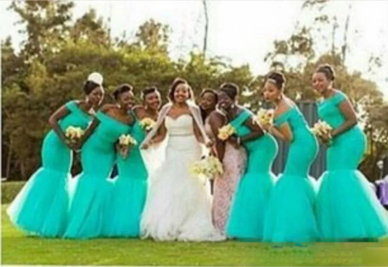 Nigerianische Brautjungfernkleider Plus Size Südafrika-Stil Meerjungfrau Trauzeugin Kleider für Hochzeit Schulterfrei Türkis Tüll Part6745884