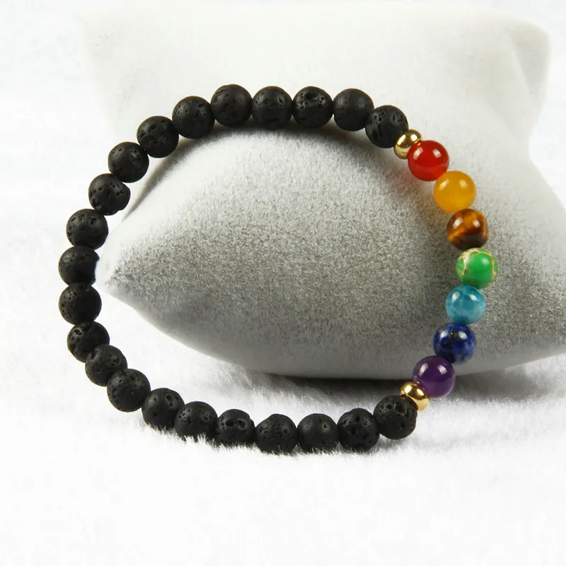 Novo design 7 chakra cura pedra yoga meditação pulseira 6mm lava rock contas de pedra com cores misturadas pulseiras de pedra para gift277k