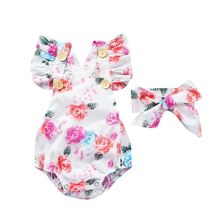 Bébé fille barboteuses florales body avec bandeaux volants manches 2 pièces ensemble boutons été INS barboteuse costumes 6 styles