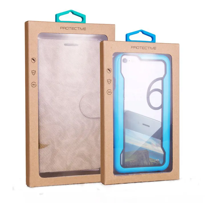 200 Stück 106 * 185 mm Handy-Hülle Einzelhandelsverpackung Neues Kraftpapier-Paket mit PVC-Fensterbeutel-Kasten-Kasten-Paket-Beutel für iPhone 6 7-Abdeckung