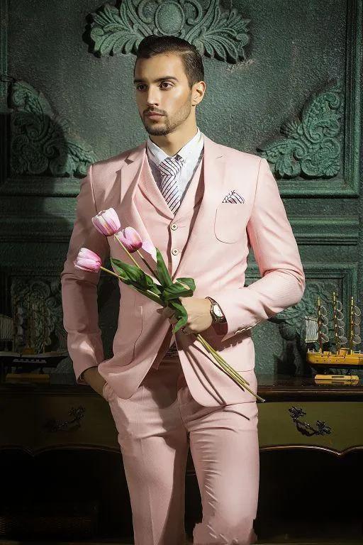 Latest Design One Button Pink Groom Tuxedos Groomsmen Best Man Suits Mens Wedding Blazer Suits (Jacket+Pants+Vest) NO:436