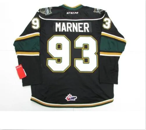 # 93 ميتش مارنر جيرسي OHL London Knights CCM Premer 7185 Mitch Marner رجالي 100٪ مخيط مطرز قمصان هوكي الجليد أخضر أسود