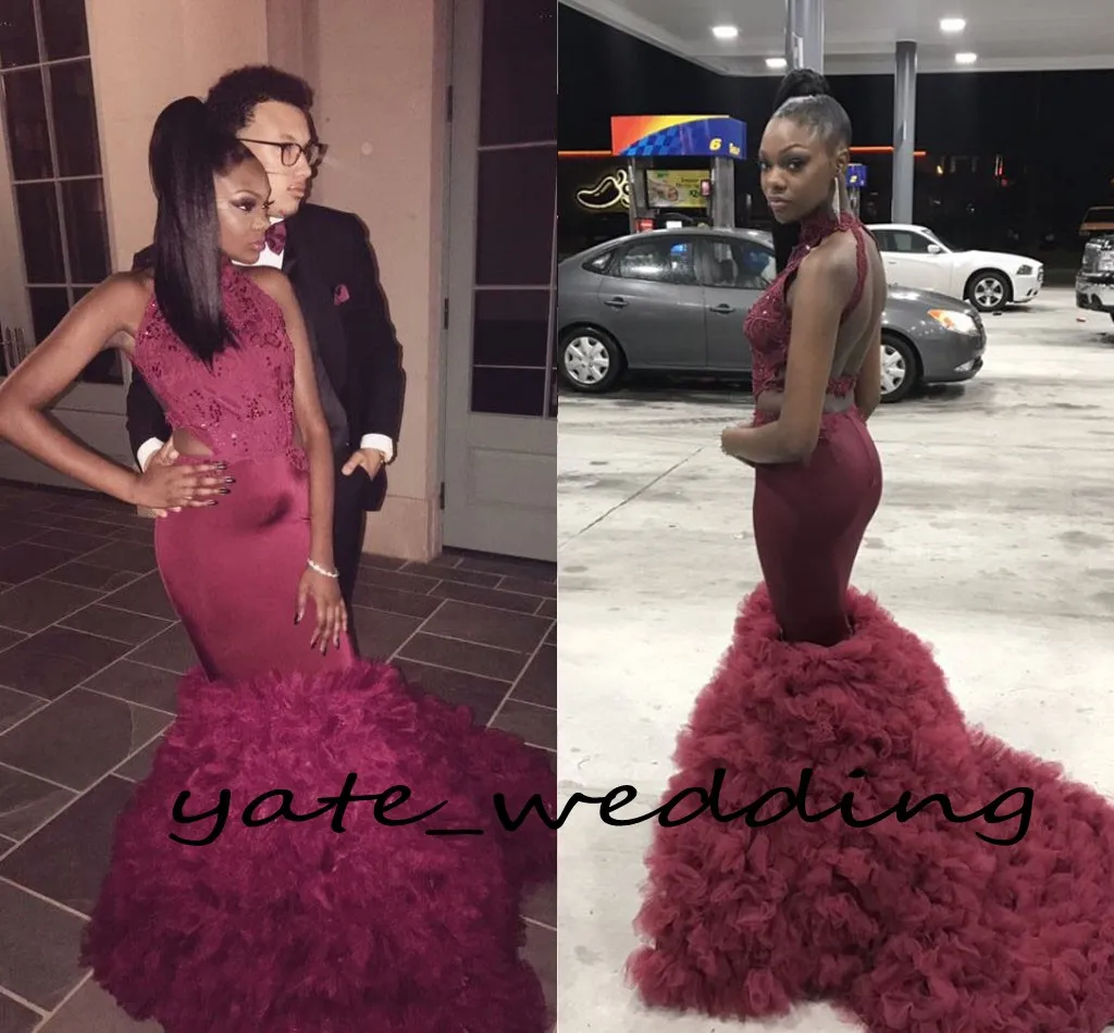 Sexy Burgundy Red Mermaid Prom Dresses High Neck Cutaway Sides Satin Lace Tulle Backless Long African Black Women Evening Dresses Party Gown