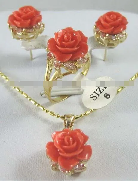 12MM Pink Coral Carved Flower Earrings Ring Necklace Pendant set