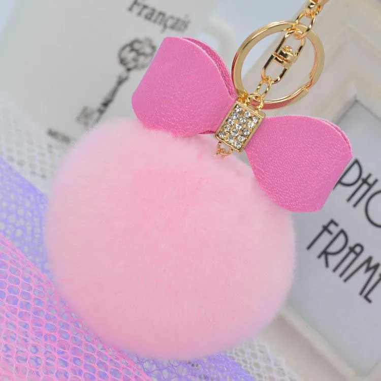 DHL free bowknot fur pom keychain Real rex Rabbit Fur Ball Key chains fur key ring Key Chain For Bag