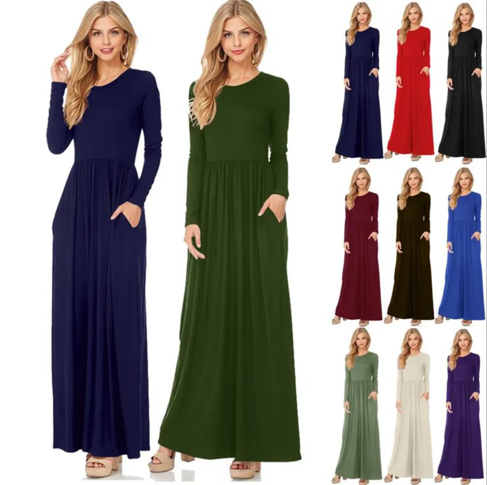 Women Maxi Casual Dress Solid Color Long Sleeve Dresses Round Collar Long Sexy Elegant Dress 10 Colors OOA3823