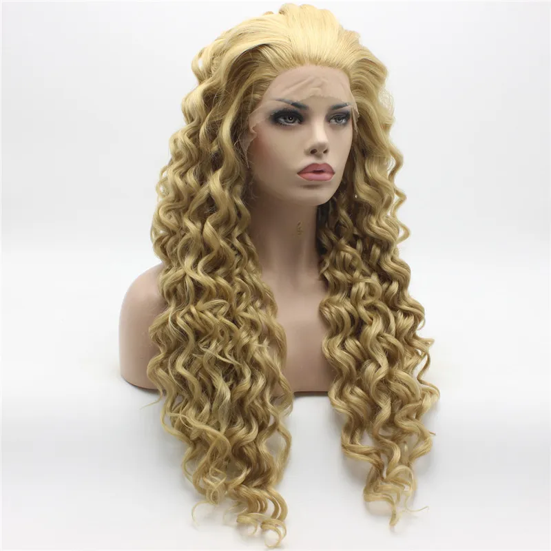 Iwona włosy kręcone długie trzy tona miód blondynki mix peruka 18 # 613 / 16/27 połowie ręki wiązana odporna na ciepło gorączka syntetyczna koronka przednia peruka