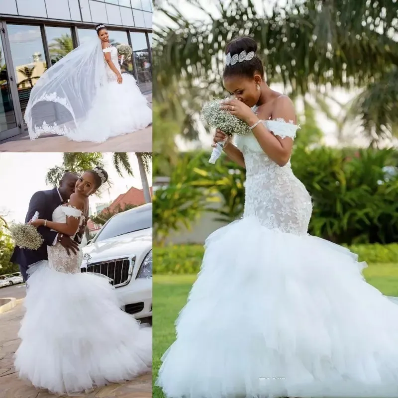 Vestidos de noiva afrikanska sjöjungfru bröllopsklänningar 2018 spets approach av axel brudklänningar tiered tulle bröllopsklänning skräddarsydda