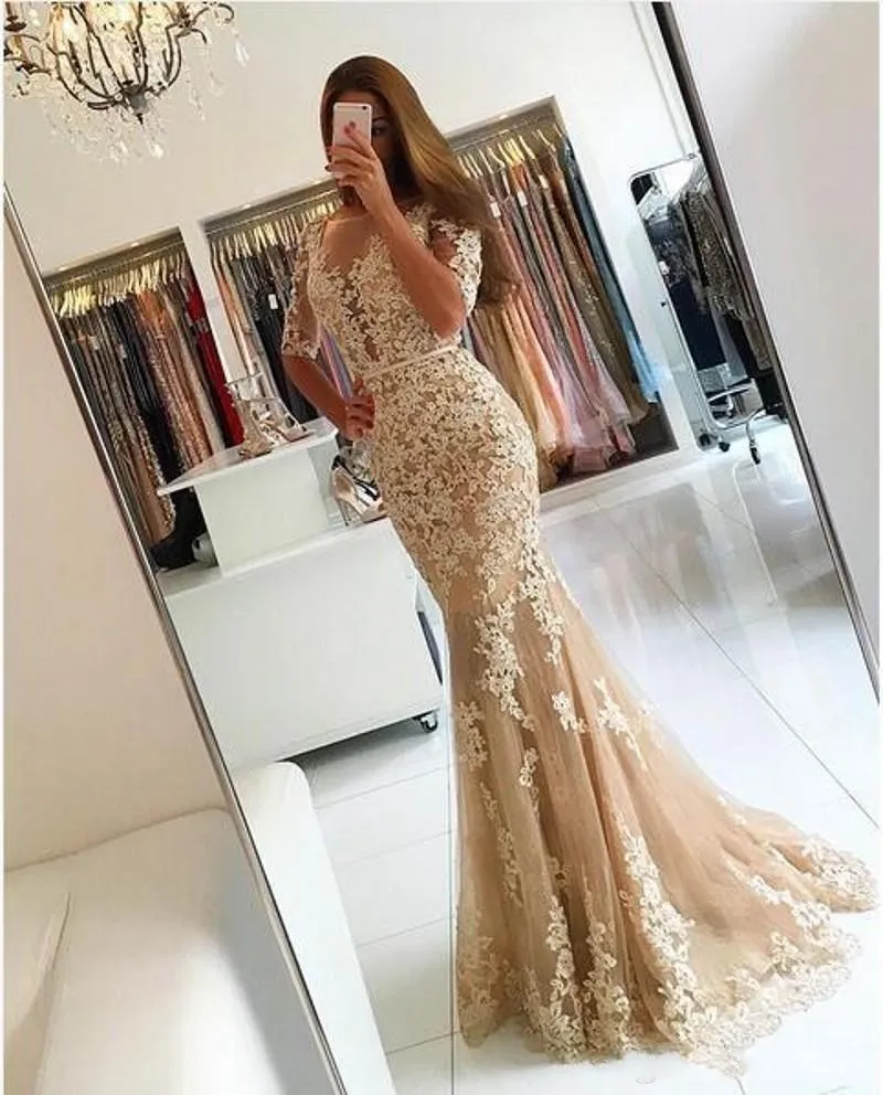 Evening Dresses Wear 2017 New Sexy Illusion Half Sleeves Champagne Lace Appliques Prom Dress Mermaid Backless Sweep Train Formal Party Gowns