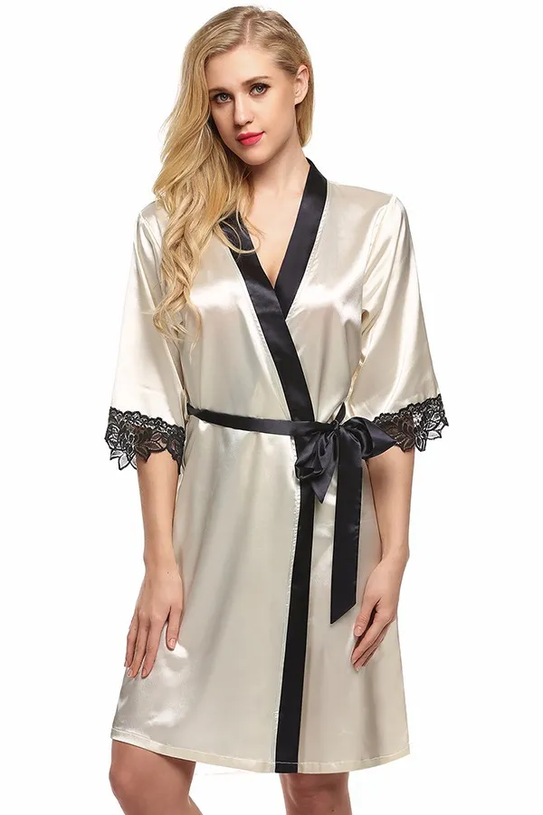 여성 기모노 잠옷 가운 가운 섹시한 란제리 슬릭 잠옷 짧은 새틴 레이스 가운 레이디 들러리 가운