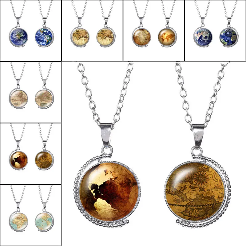 Double Side Terre World Carte Tellurion Ocean Rotatif Verre Collier Dôme Colliers Pendentifs Pour Femme Dame Bijoux Cadeau