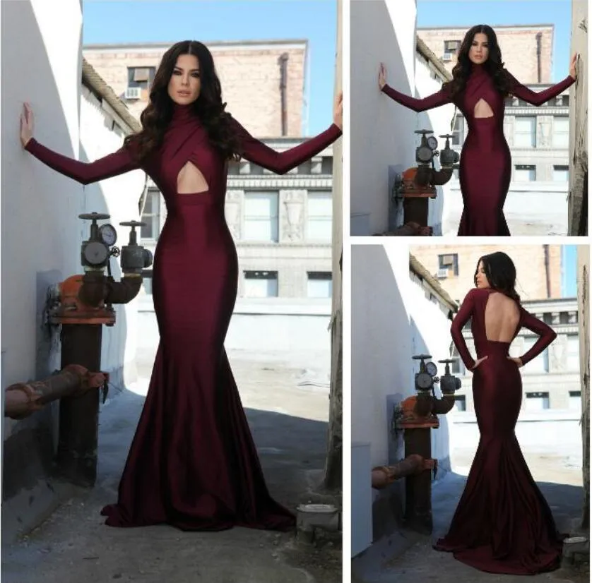 Burgundy Satin Long Sleeve African Prom Dresses 2020 High Neck Sexy Formal Evening Dresses Backless Long Pageant Party Gowns Robes de soirée