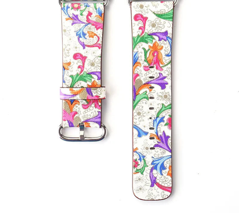 Apple Watch Ultra 49mm PU 가죽 밴드 스트랩 41mm 45mm 38/42mm 44mm 44mm 시리즈 8 7 6 SE 5 4 3 2 1 Flower Prints Vintage Floral National Folk Style Design Belt