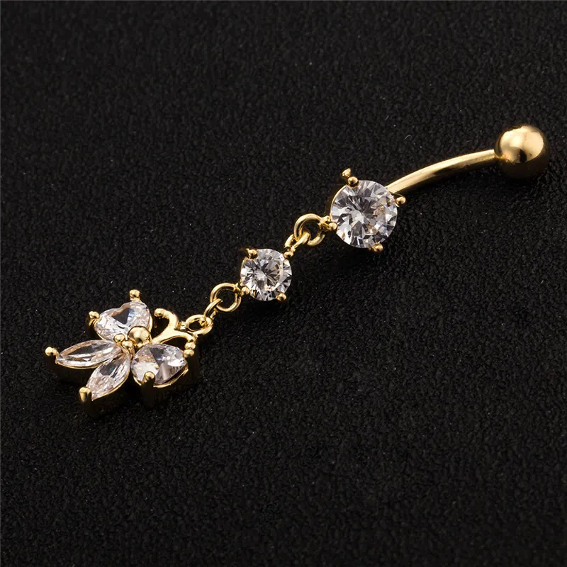 Shiny Gold Plated Crystal Medical Stainless Steel Butterfly Dangle Belly Ring Body Piercing Ring Button for Girls Women BR1313404951