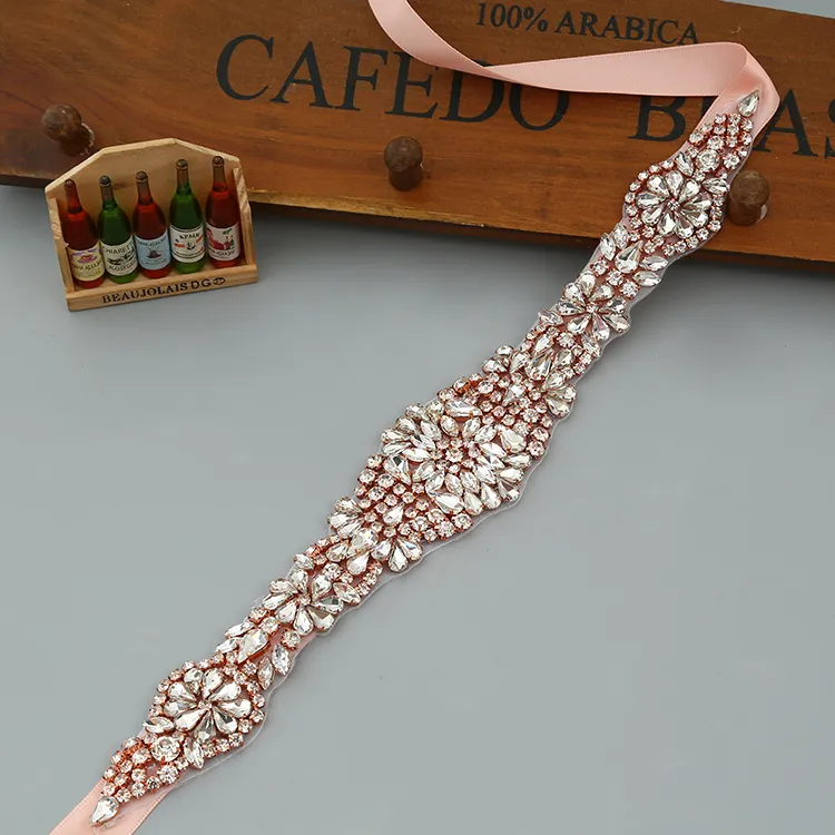 Gold Rhinestone Applique Wedding Belt with Clear Crystal Sewing-On Wedding sashes hen par - Elegant Bridal Accessory (T17)