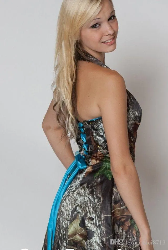 Em estoque musgo carvalho camo vestidos de dama de honra feito sob encomenda sem alças hi-lo curto camo vestido de festa de casamento camo e blue231e