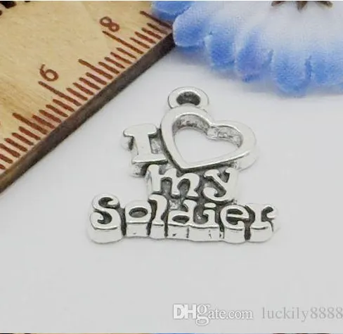 Kostenloses Schiff, 150 Stück, Antik-Silber, „Ich liebe meinen Soldaten“, Charms-Anhänger für die Schmuckherstellung, 17 x 20 mm