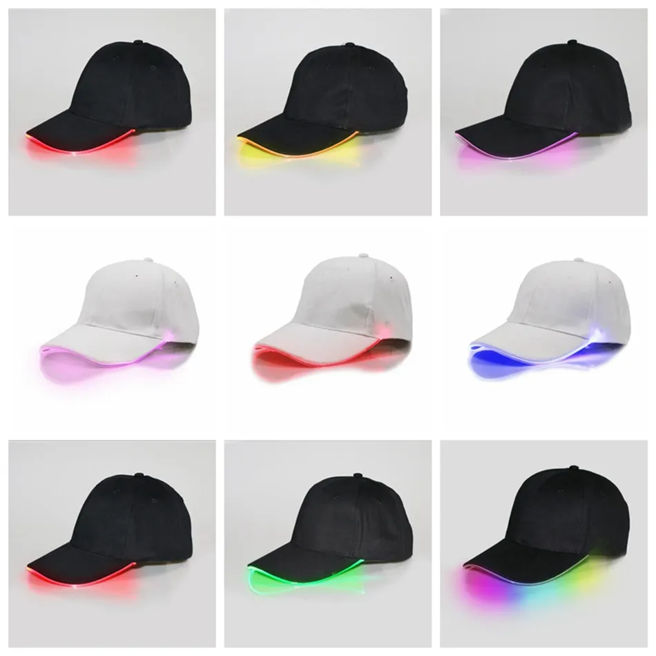 LED 야구 모자 코 튼 블랙 화이트 어둠 조정 가능한 Snapback 모자 빛나는 파티 모자에 빛나는 LED 빛 공 모자 빛나는 OOA2116