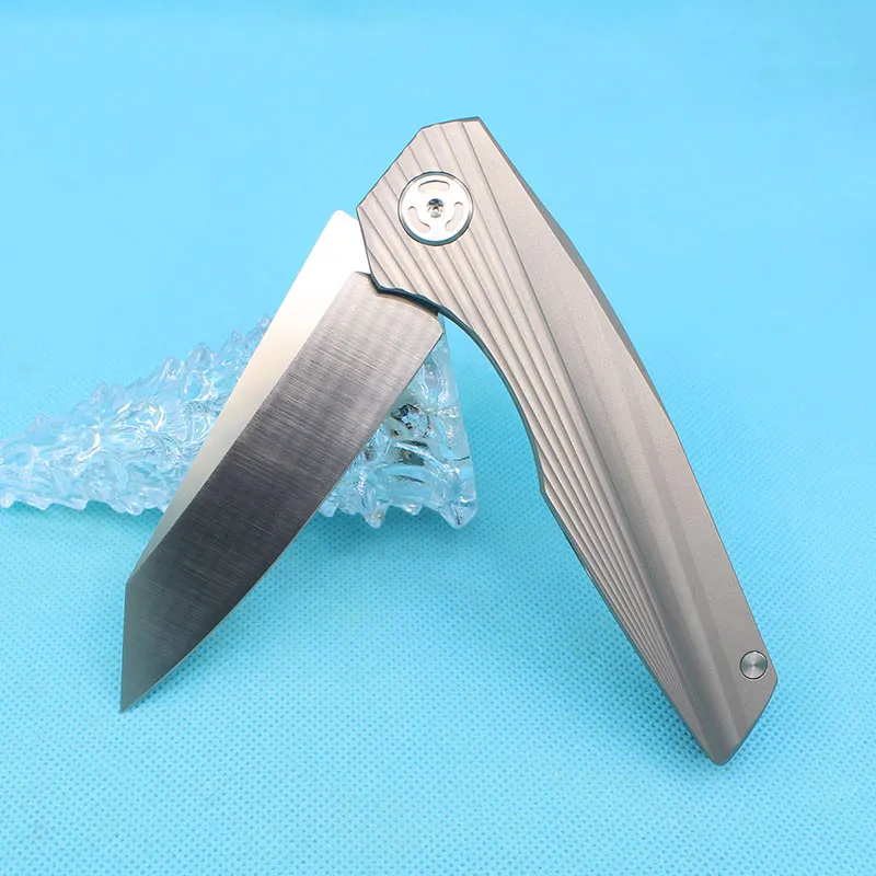 High-end Flipper Knife D2 Satin Blade TC4 Titanium Handle Ball Bearing Washer EDC Pocket Knives Outdoor Gear with Nylon Bag