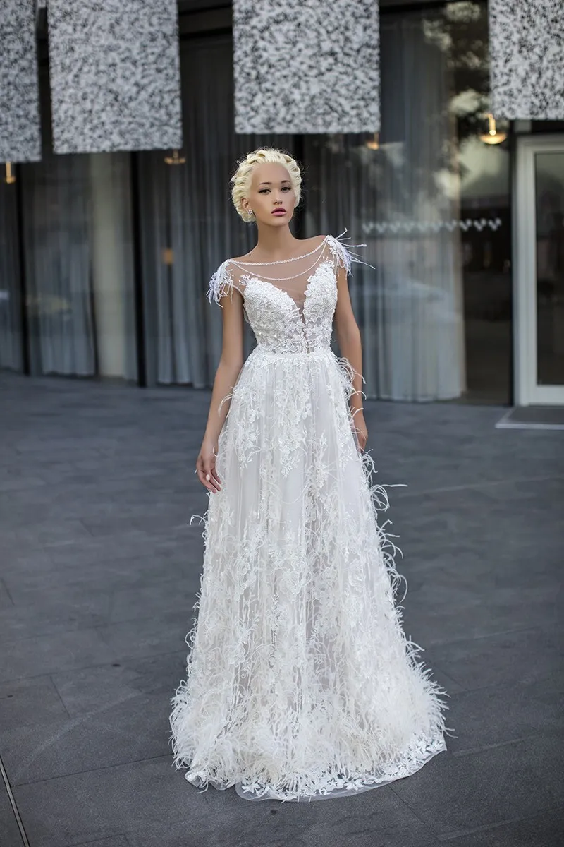A Line Wedding Dresses Ostrich Feather Cap Sleeves Bridal Gown