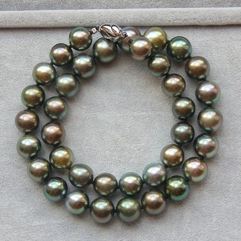 NEUE FEINE PERLE SCHMUCK elegante 10-11mm Tahitian runde schwarze grüne Perlenkette 18inch
