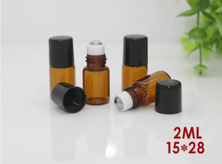 Flacone di vetro vuoto roll-on da 1 ml e 2 ml, colore marrone chiaro, bottiglia con rullo in metallo, profumo liquido olio essenziale