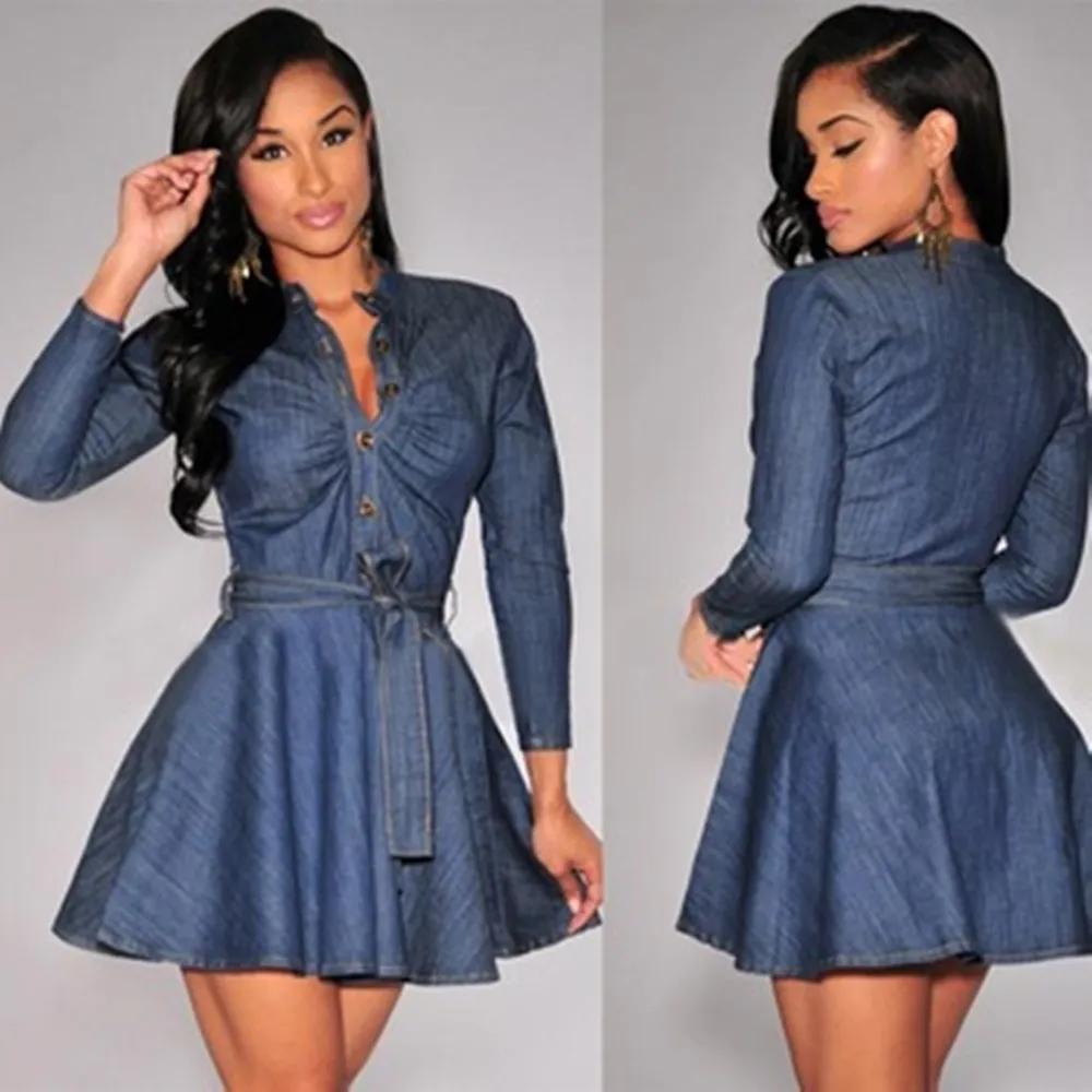 Fashion Denim Dress Summer Long Sleeve Bodycon Slim Waist Jeans Dress Plus Size V neck Sexy Party Office A Line mini Dress